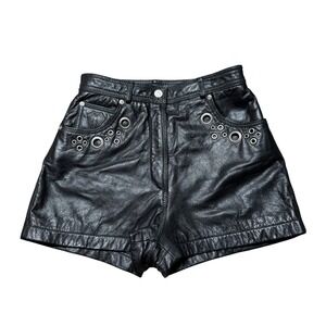 Vintage Arlen Ness Leather Biker Shorts Women M Y2K Black Grommet High Rise Moto